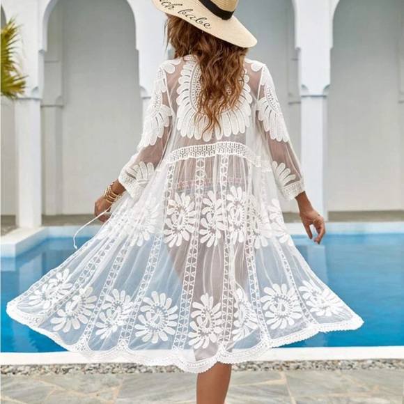 Other - Sexy Lace Embroidery Sheer Mesh Kimono Coverup White